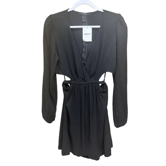 NWT Forever 21 Dress Womens Black Deep V-Neck Long Sleeve Cutout Tie Back Size L - Picture 7 of 16